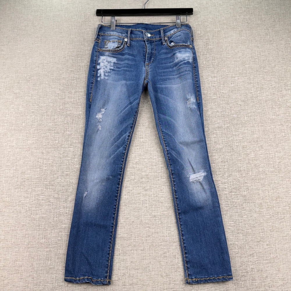 True Religion Cora Mid Rise Straight Leg Distressed Jeans Medium Wash Size 25